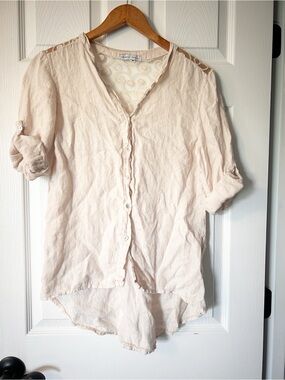 Tempo Paris Button Up Blouse Beige Linen Lace Upper Back Roll Tab Sleeves Italy